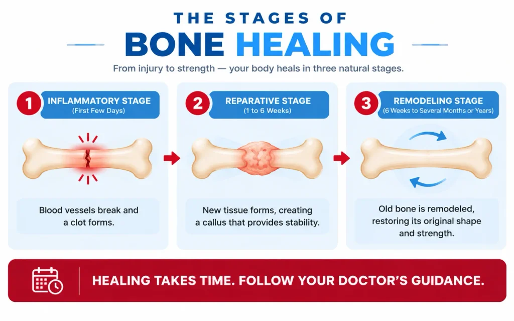 Bone healing timeline showing the three stages of fracture healing