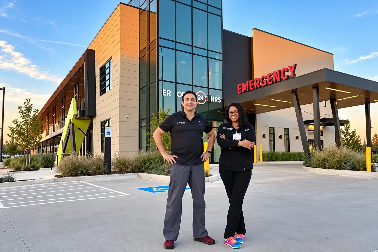 Members of a healthcare nursing and support team in dark scrubs standing outside a Top Care 24-hour emergency room facility.